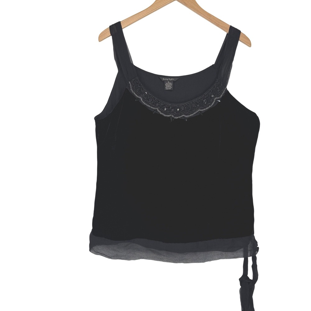Vintage Black Silk Velvet Beaded Tank Top XL Chiffon Trim Side Tie Evening Party